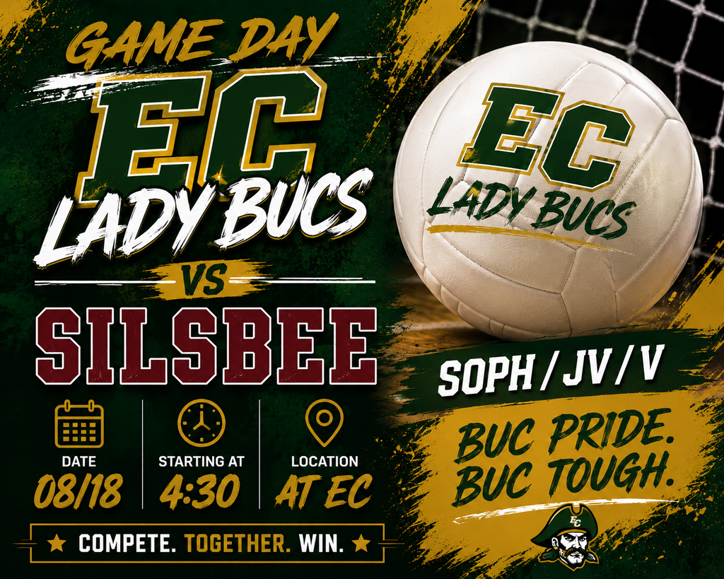 An advertisement for EC Lady Bucs volleyball game with a soccer ball, date 08/18, starting time 4:30, at EC.