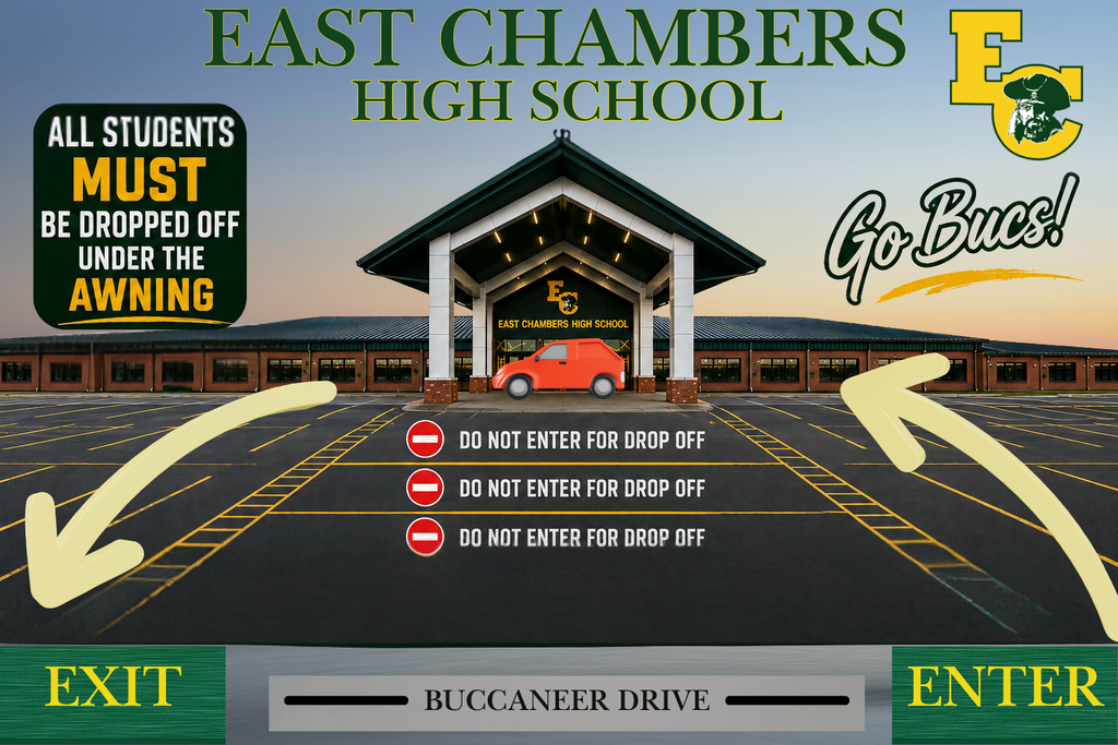 An illustration with arrows pointing to a parking lot at East Chambers High School. The sign reads: "ALL STUDENTS MUST BE DROPPED OFF UNDER THE AWNING."