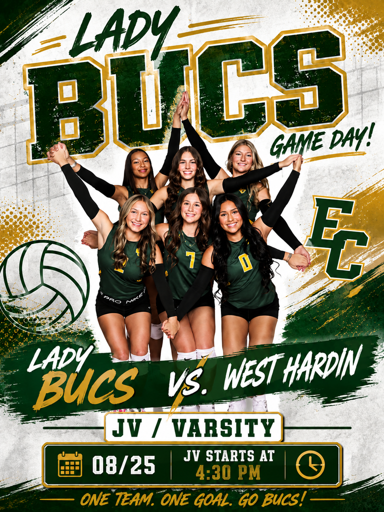 Green and yellow design with volleyball team posing, "Lady Bucs Game Day!" and "JV/Varsity" with match date and time.