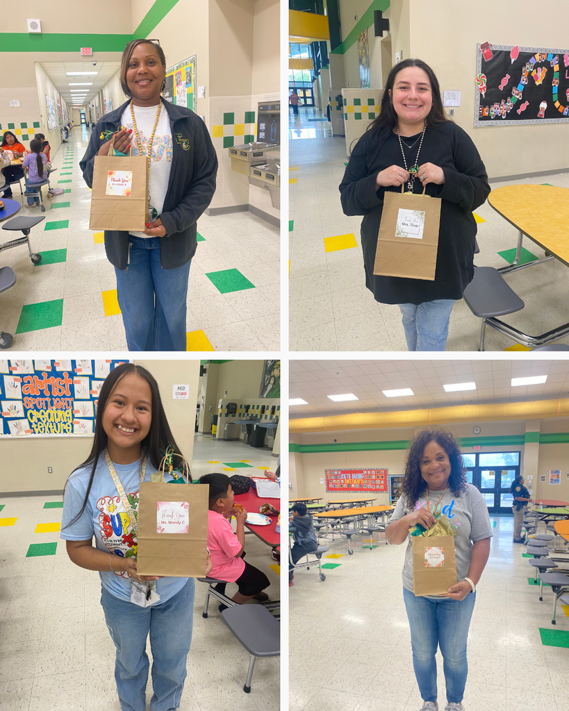 Four women hold paper bags. They stand in various areas of a school hallway and cafeteria.