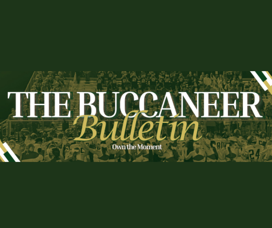 Green banner with "The Buccaneer Bulletin" in gold, overlaid on a blurred crowd in a stadium.