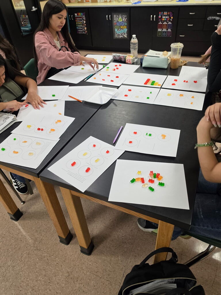 Students seated at a table with papers covered in colorful gummy bears, arranging them. Background is a classroom.