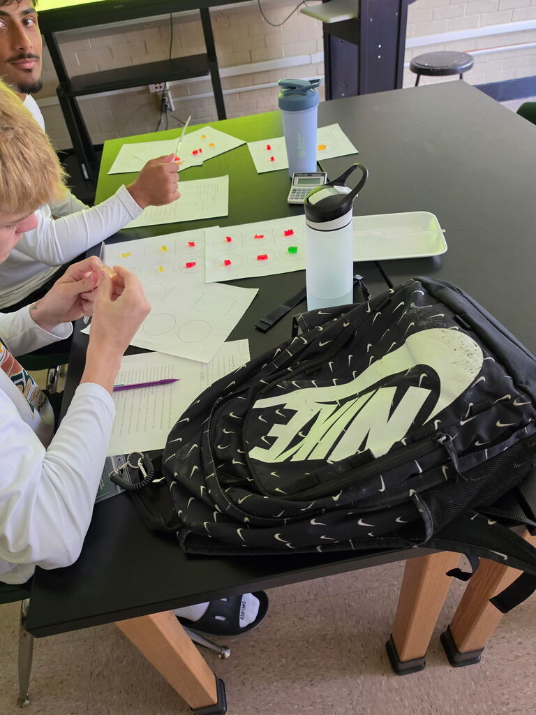 A person sits at a desk, engaged in an activity. A backpack with the word Nike is placed on the desk.