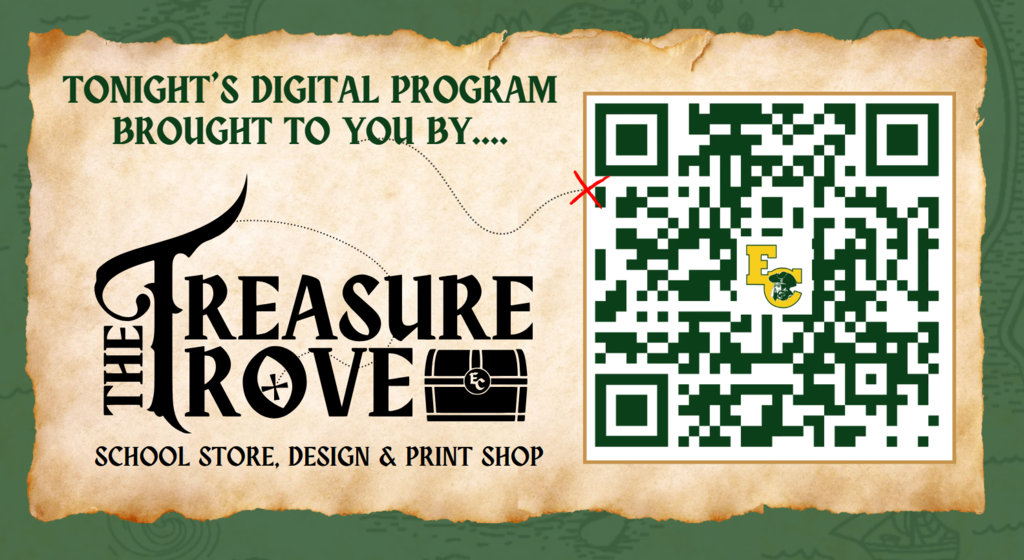 A digitally aged page displays a treasure trove logo, text, and a QR code with a green and white pattern.