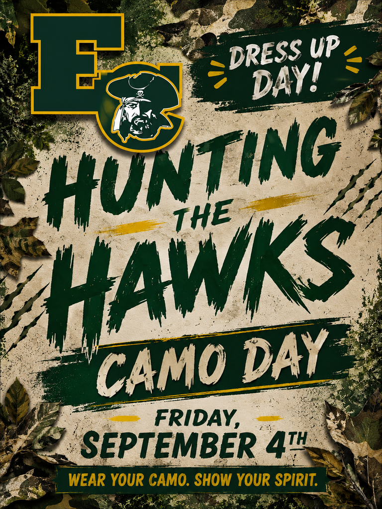 Event poster with a camouflage background, green logo, and text promoting "Hunting the Hawks Camo Day" on Friday, September 4.