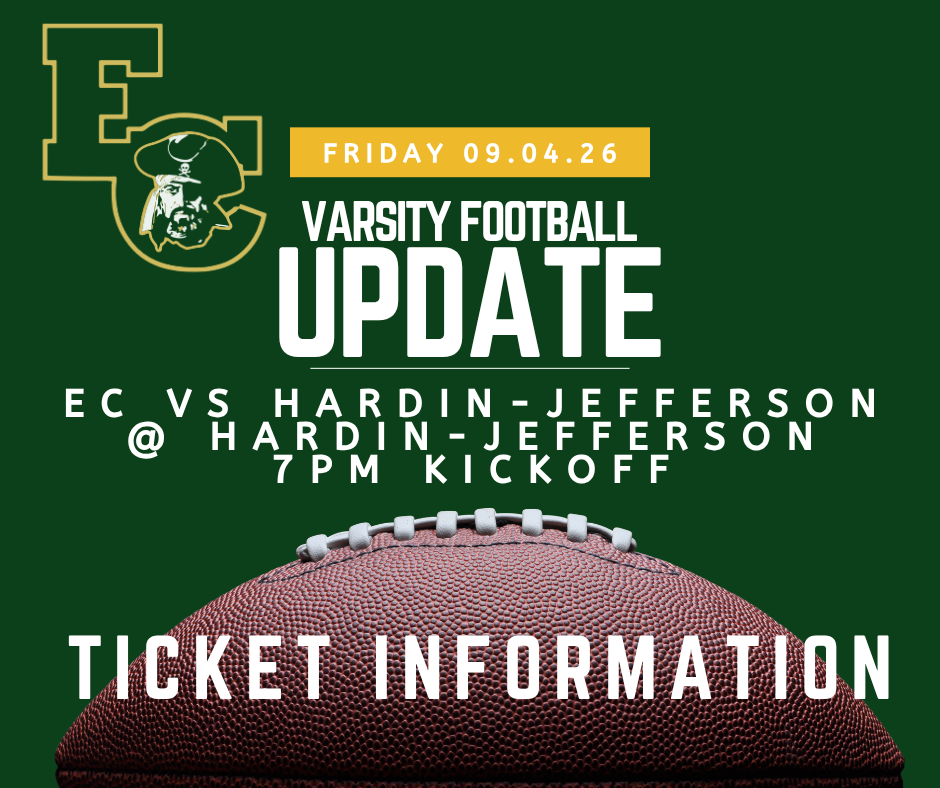 Green banner features brown football with text. "Varsity Football Update" and "EC vs Hardin-Jefferson @ Hardin-Jefferson 7pm Kickoff".