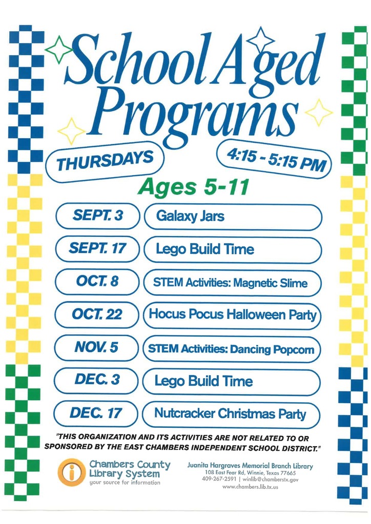A poster displays a schedule of school-aged programs. It includes dates and activities for ages 5 to 11. The program runs Thursdays from 4:15 to 5:15 PM.