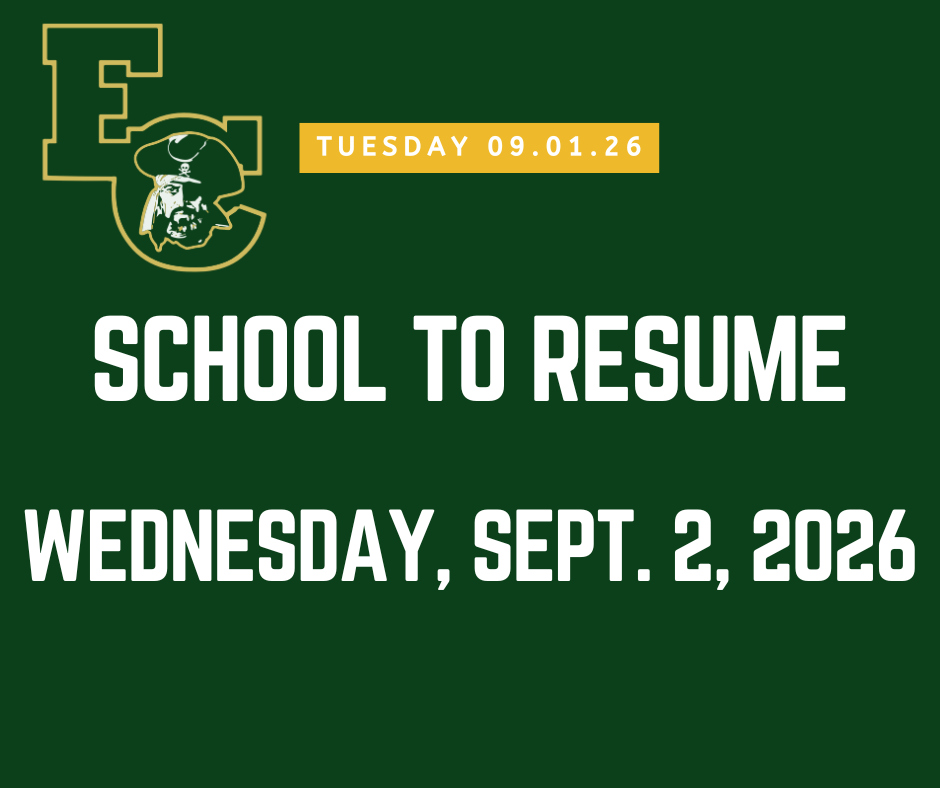 Green background with a logo. Text reads "School to Resume Wednesday, Sept. 2, 2026" and a date.