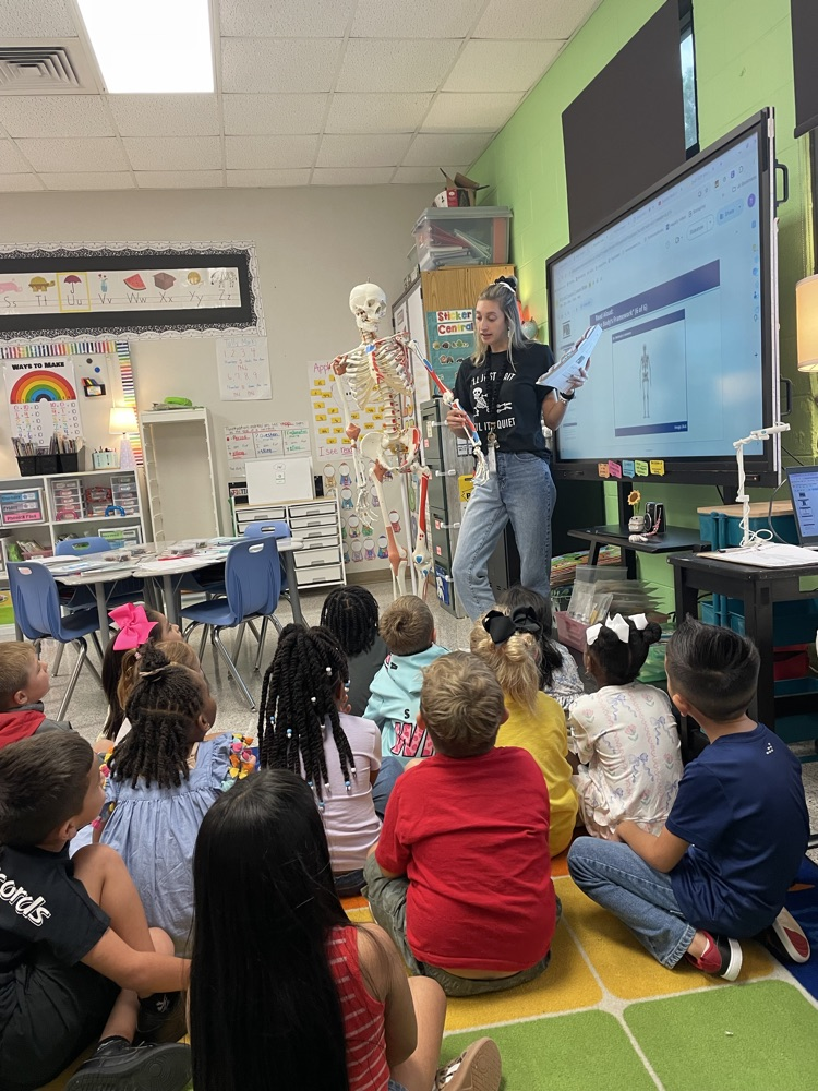 Teacher showing a skeleton model to a classroom of children sitting on a colorful rug.