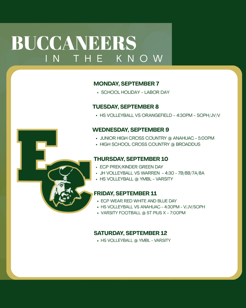 A sports schedule poster. "Buccaneers in the Know" is at the top. Dates and events listed include school holidays, volleyball, and football.