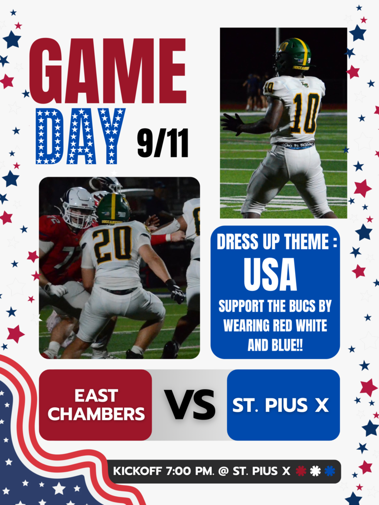 Game day flyer for a football game between East Chambers and St. Pius X. It includes team photos, date, and theme.