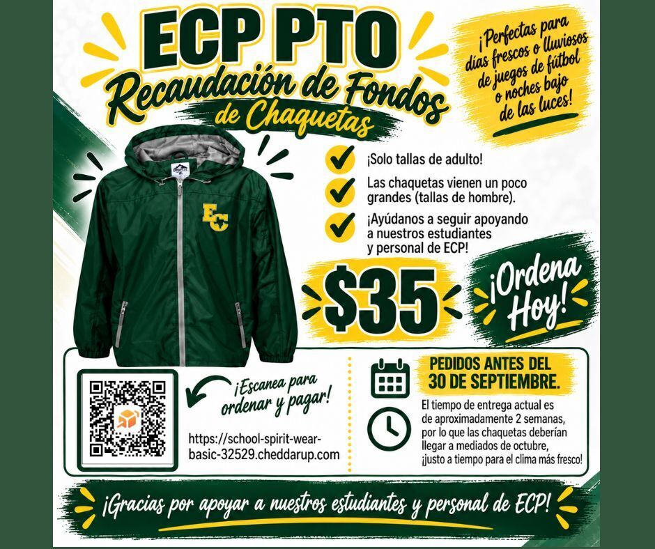 Flyer with green background displays a green jacket with hood. Price is $35. Contact information, QR code, and order details are provided.