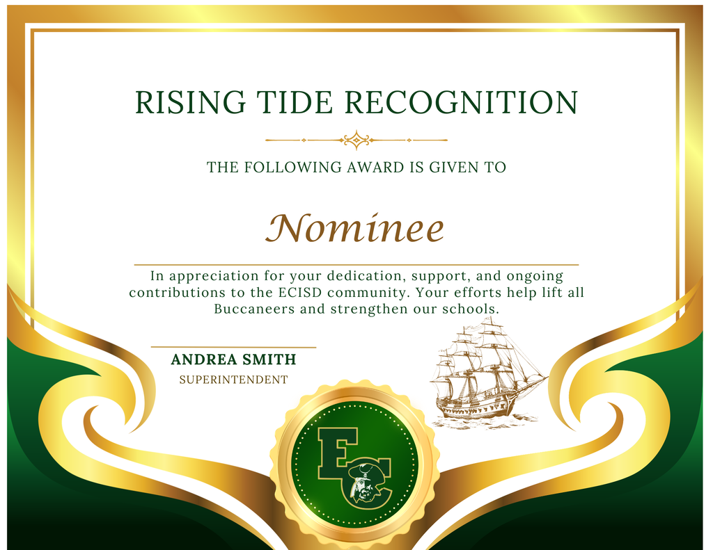 A certificate with a green and gold background displays "Rising Tide Recognition." It features a badge, a small ship image, and a name "Andrea Smith."