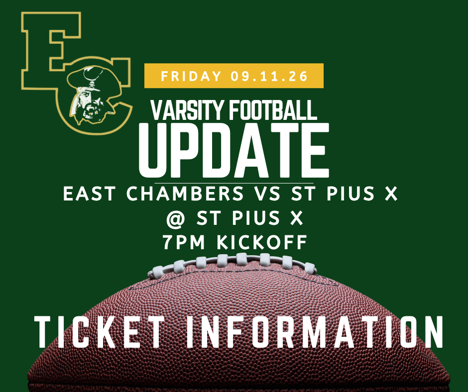 Green background displays varsity football update for East Chambers vs St Pius X game, with a football image and details.