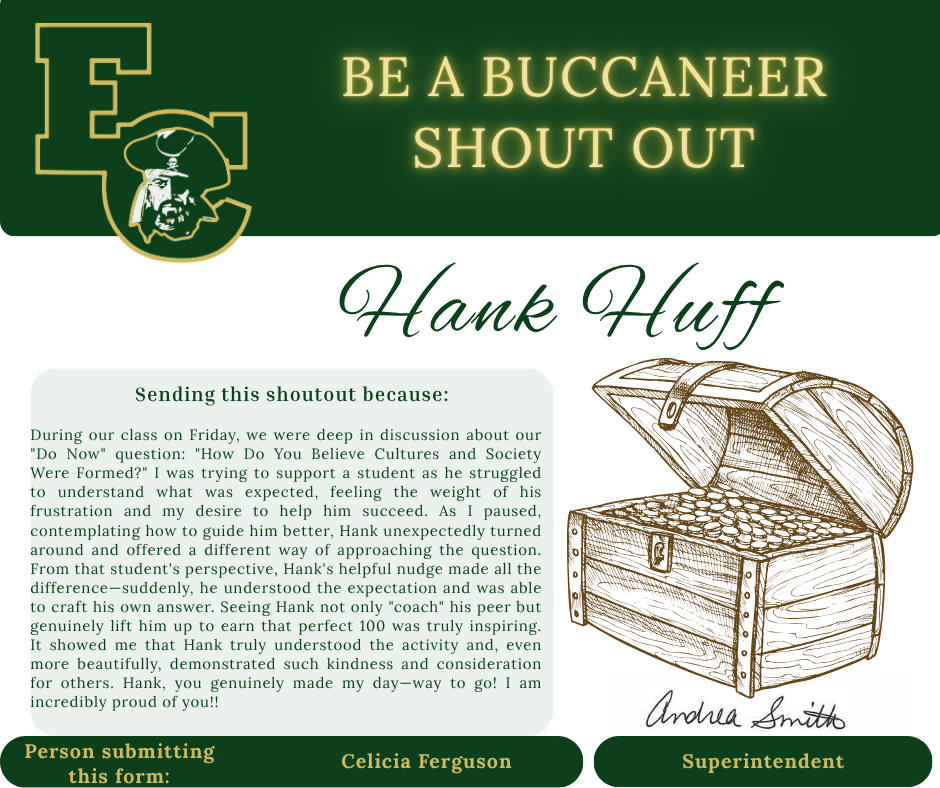 A green page with text. A treasure chest image is shown. Names of Hank Huff, Andrea Smith, and Celicia Ferguson appear.