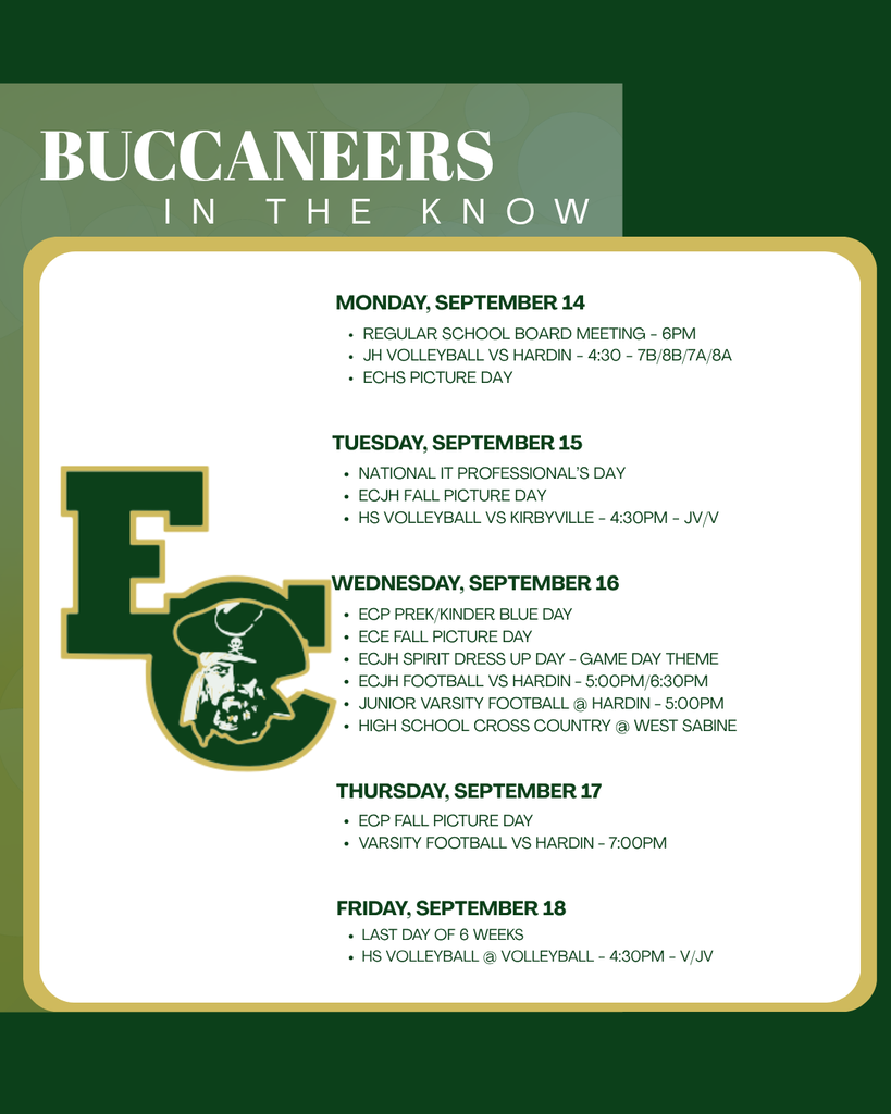 A green and white schedule. "Buccaneers in the Know" is at the top. A green "E" logo is at the left. Days and events are listed below.