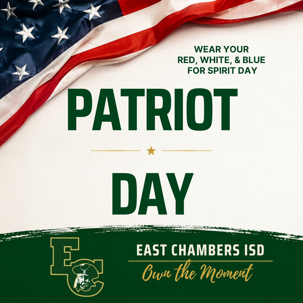 Banner with "Patriot Day" and "Wear Your Red, White, & Blue for Spirit Day" on a white background.