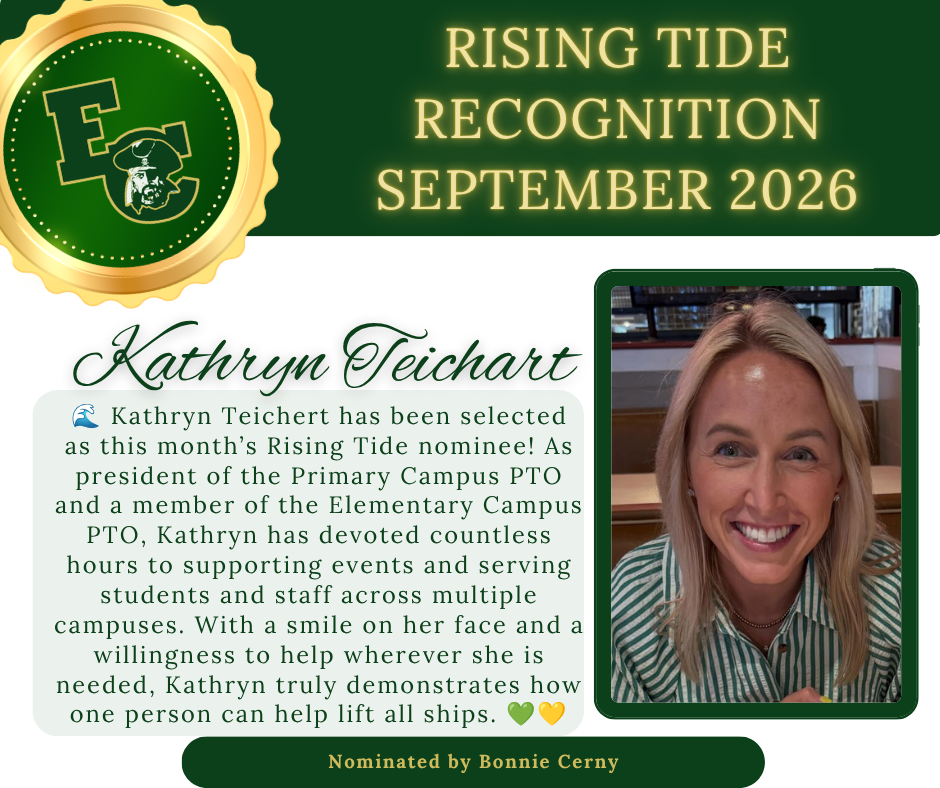 Green and white graphic with a gold badge. It reads "Rising Tide Recognition September 2026" and a photo of Kathryn Teichart.