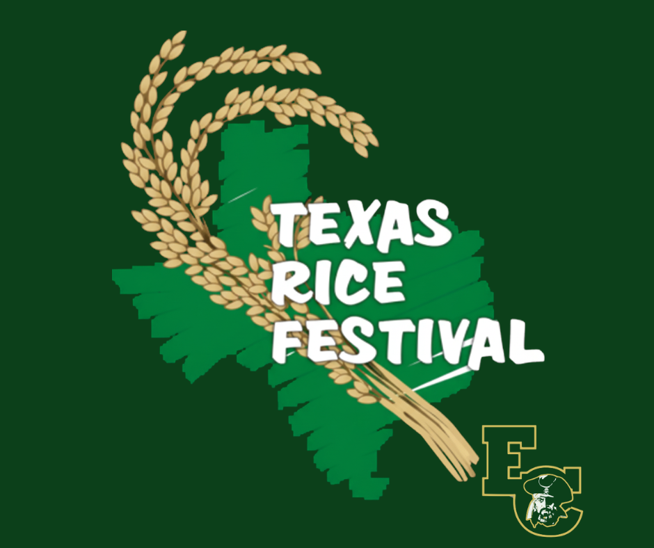 Green background with wheat and Texas map shape. "TEXAS RICE FESTIVAL" text is in white. A yellow logo appears in the bottom right corner.