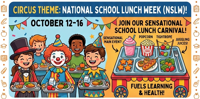 Poster for National School Lunch Week featuring kids with clown costumes, food on trays, and a food cart.