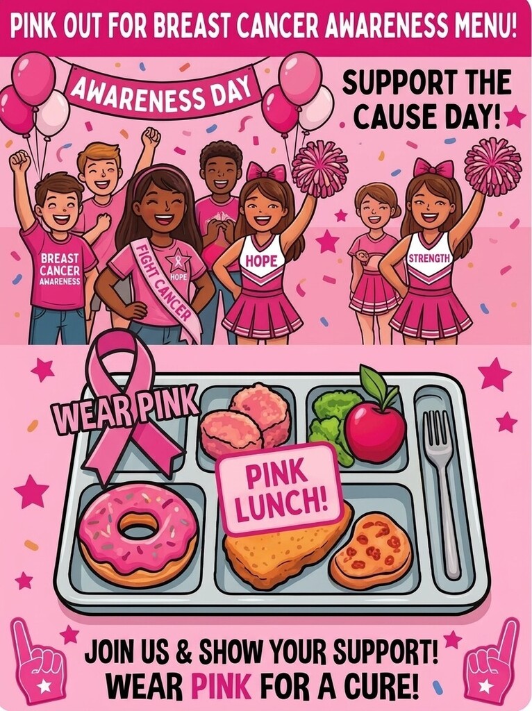 Graphic with pink items and children wearing pink for Breast Cancer Awareness Day. Text says: "Wear pink for a cure" and "Join us."