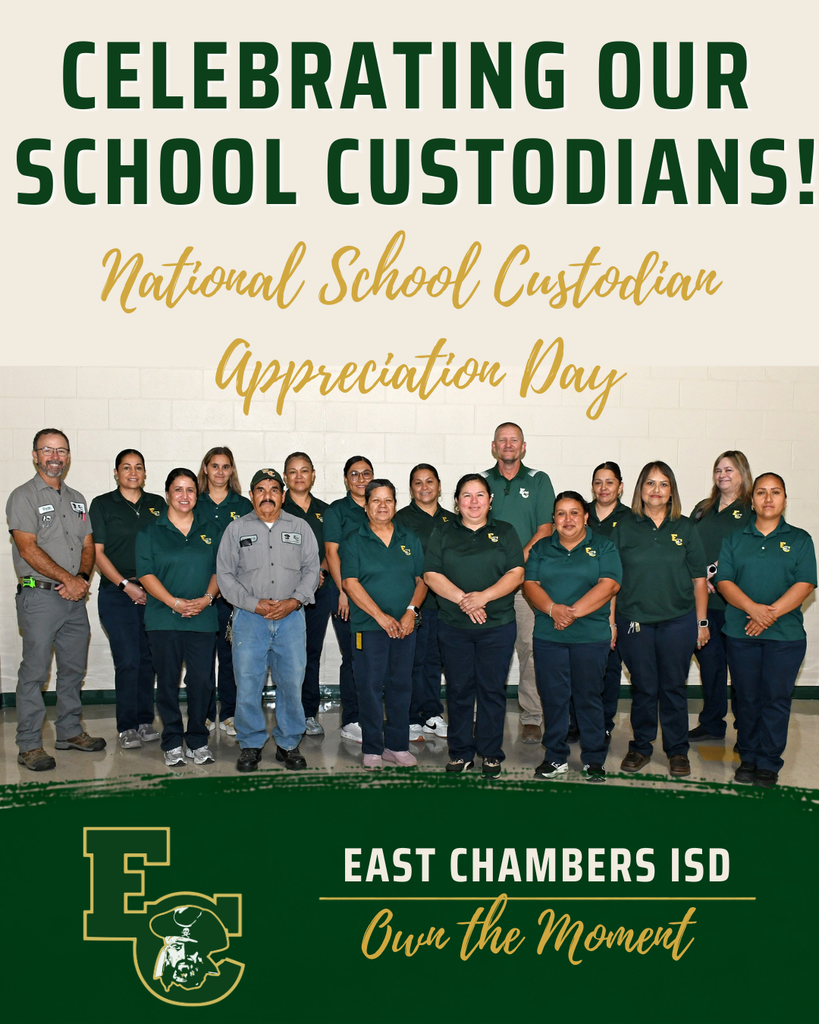 A group of people in green uniforms, possibly custodians, pose for a photo. A banner reads "CELEBRATING OUR SCHOOL CUSTODIANS! National School Custodian Appreciation Day."
