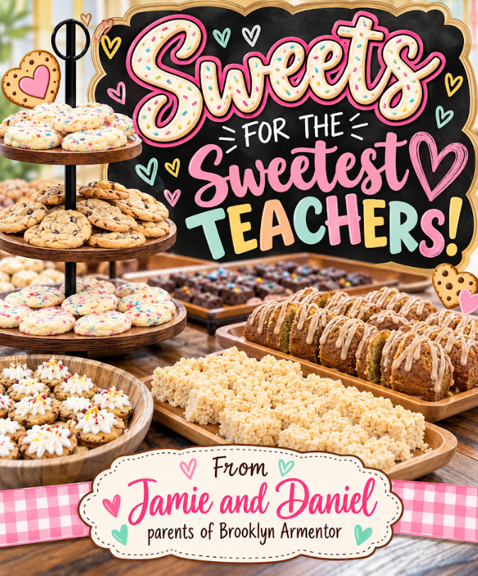 Display of desserts with a sign reading "Sweets for the Sweetest Teachers!" from Jamie and Daniel, parents of Brooklyn Armentor.