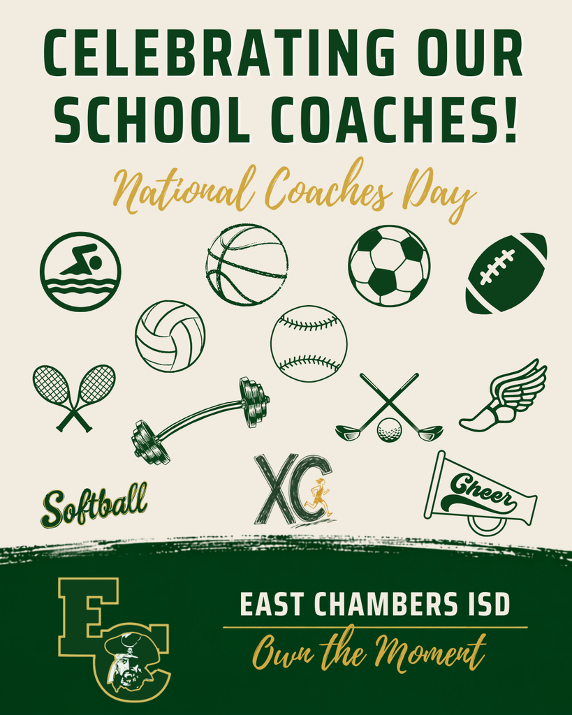 A poster for National Coaches Day featuring various sports icons and a school logo. The poster is green with white text.
