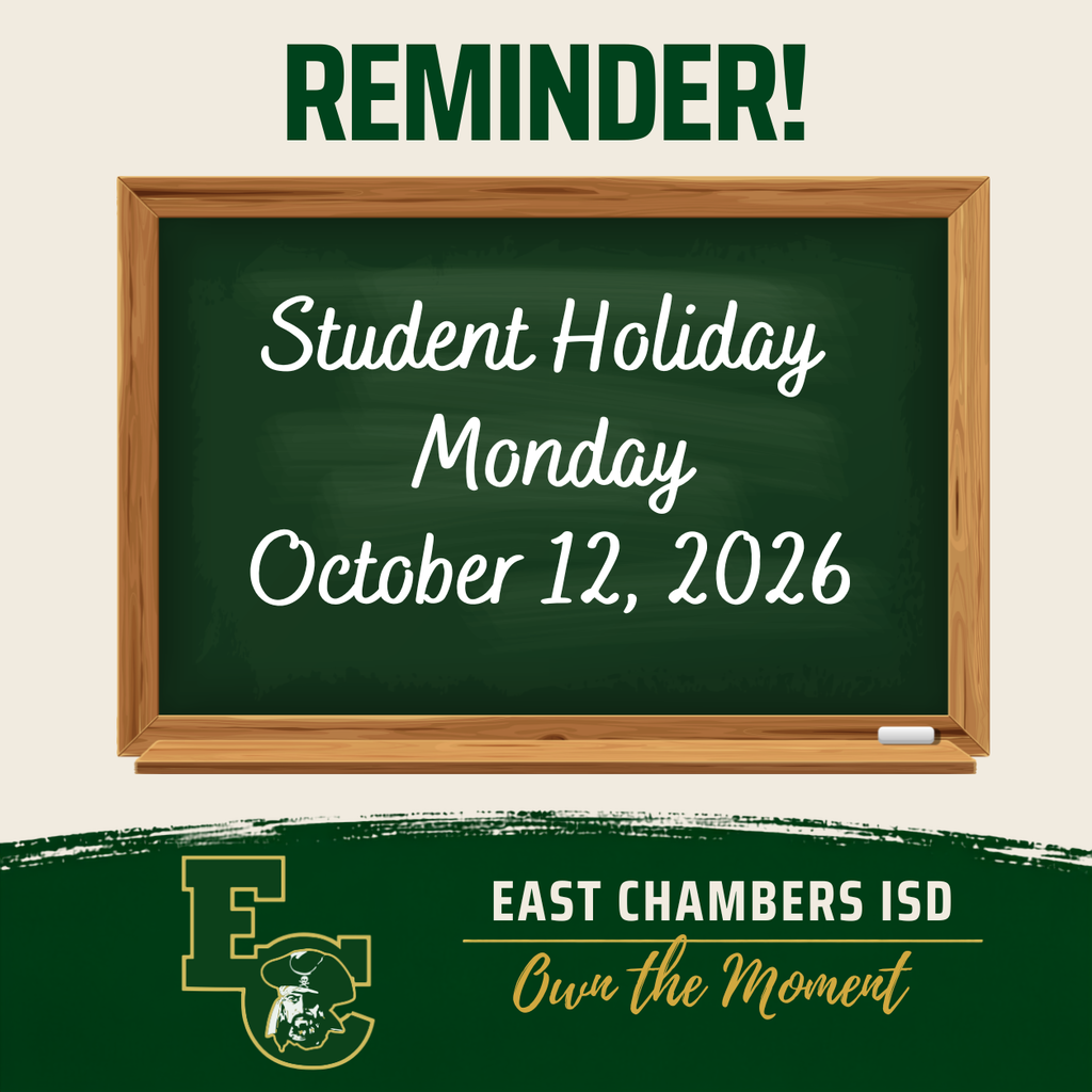 A white background displays a blackboard with brown trim. It reads, "Student Holiday Monday October 12, 2026."
