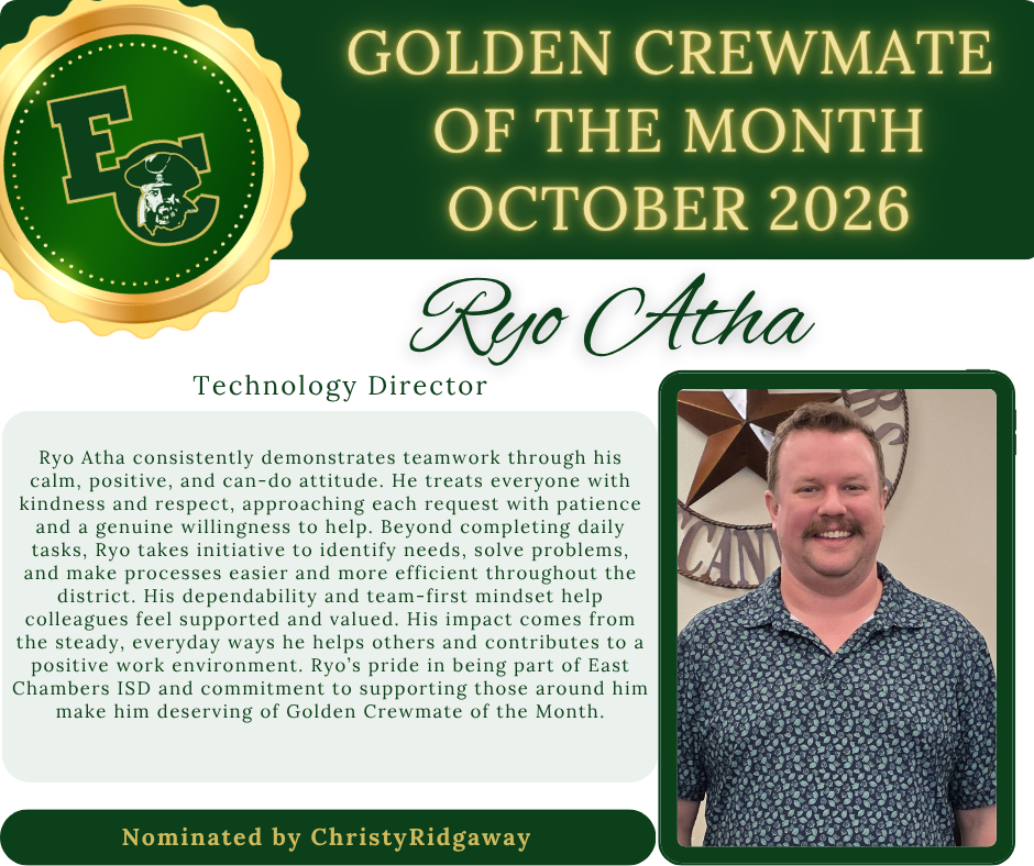 Badge with golden outline, green and gold center, text "Golden Crewmate of the Month: October 2026 Ryo Atha". Photo of Ryo Atha, a man smiling.