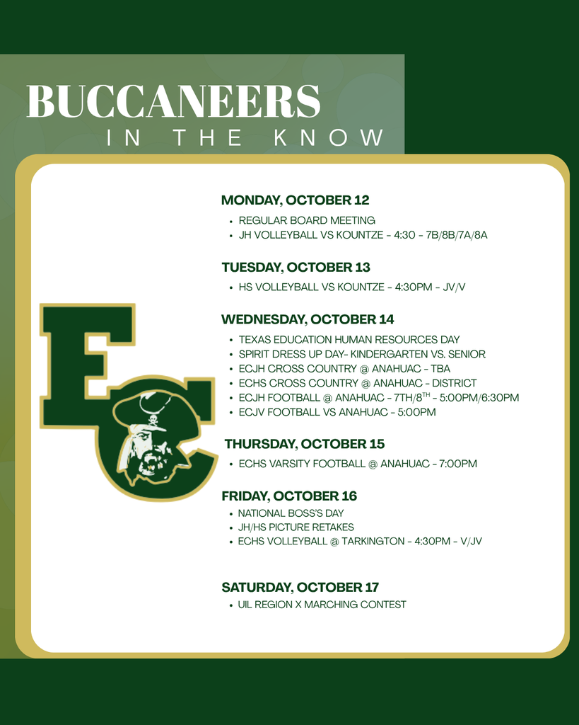 A poster with green and white colors lists weekly events from October 12 to 17. Each day has a different event, such as volleyball and football games.