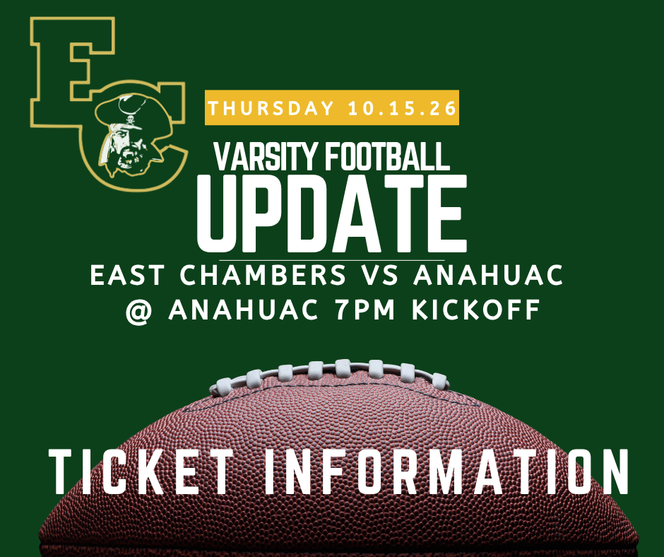 A green backdrop displays a football, the words "Varsity Football Update," and "Ticket Information." The logo is at the top left.