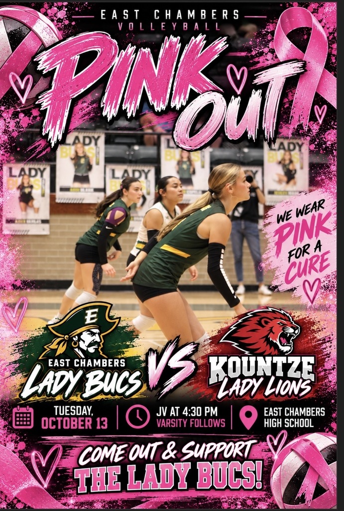 A poster for a volleyball game with pink ribbons. The teams are East Chambers Lady Bucs and Kountze Lady Eagles. Date is Oct 13.