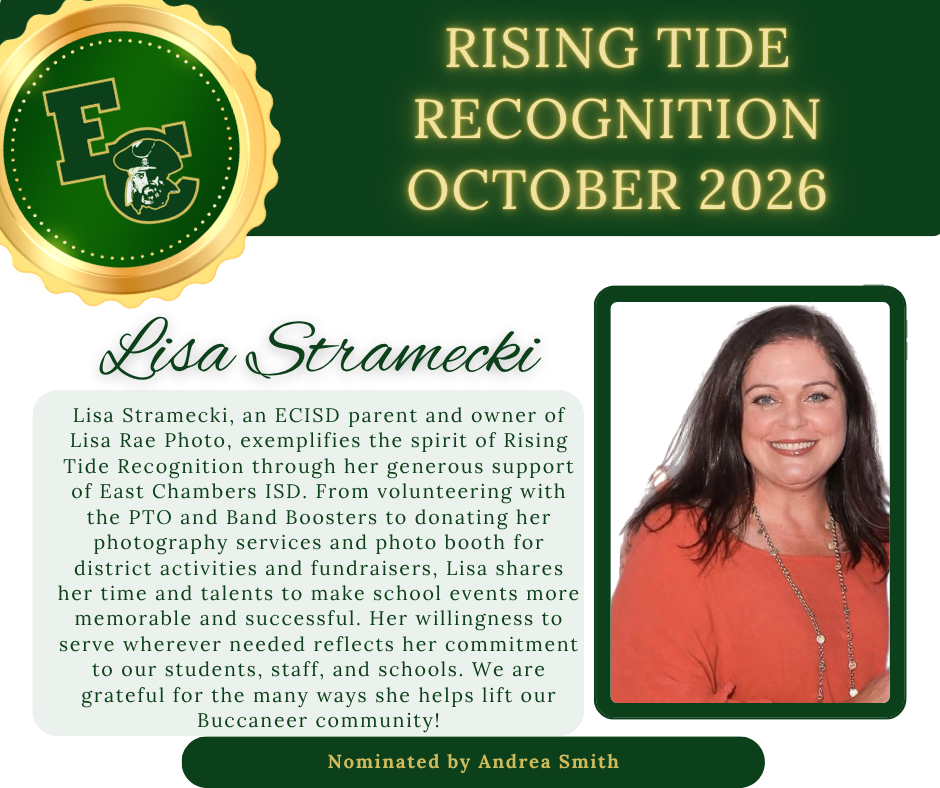 Poster featuring a smiling woman. Text reads "Rising Tide Recognition October 2026" and "Lisa Stramecki". A green and gold badge with "EC" in the upper left corner.
