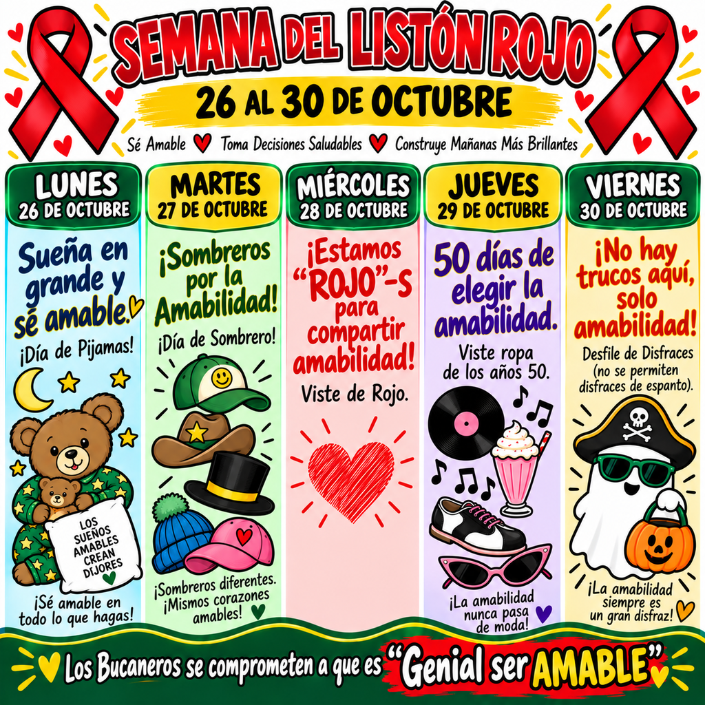 Poster with red background displays a schedule for week of October 26 to 30 with various images and text.