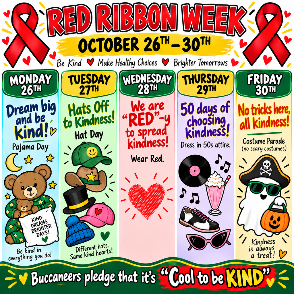 Poster with red ribbon at top. Five days of activities from Monday to Friday. Different costumes and items for each day.