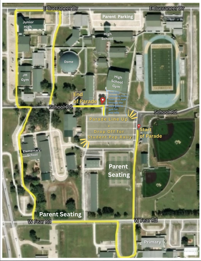 A map shows school buildings, a football field, parade start and end points, and seating areas for spectators.