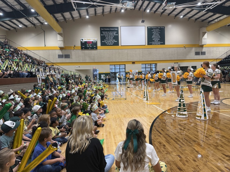 People sit on bleachers watching a group of cheerleaders on a basketball court.
