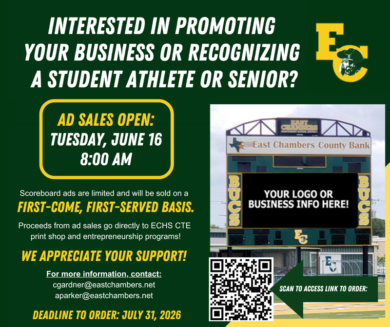 Promotional graphic for East Chambers football advertising. Scoreboard and student-athlete recognition ads open for purchase June 16 at 8:00 AM. Scoreboard ads are limited and sold on a first-come, first-served basis.