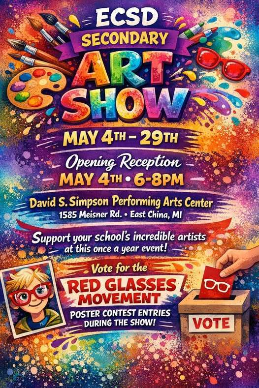 Flyer for Secondary students Art Show at the performing arts center May 4th - 29th