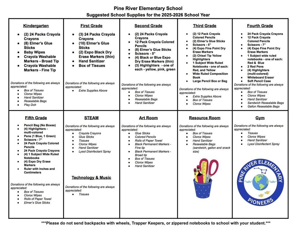 2025-2026 Pine River Suggested School Supplies List