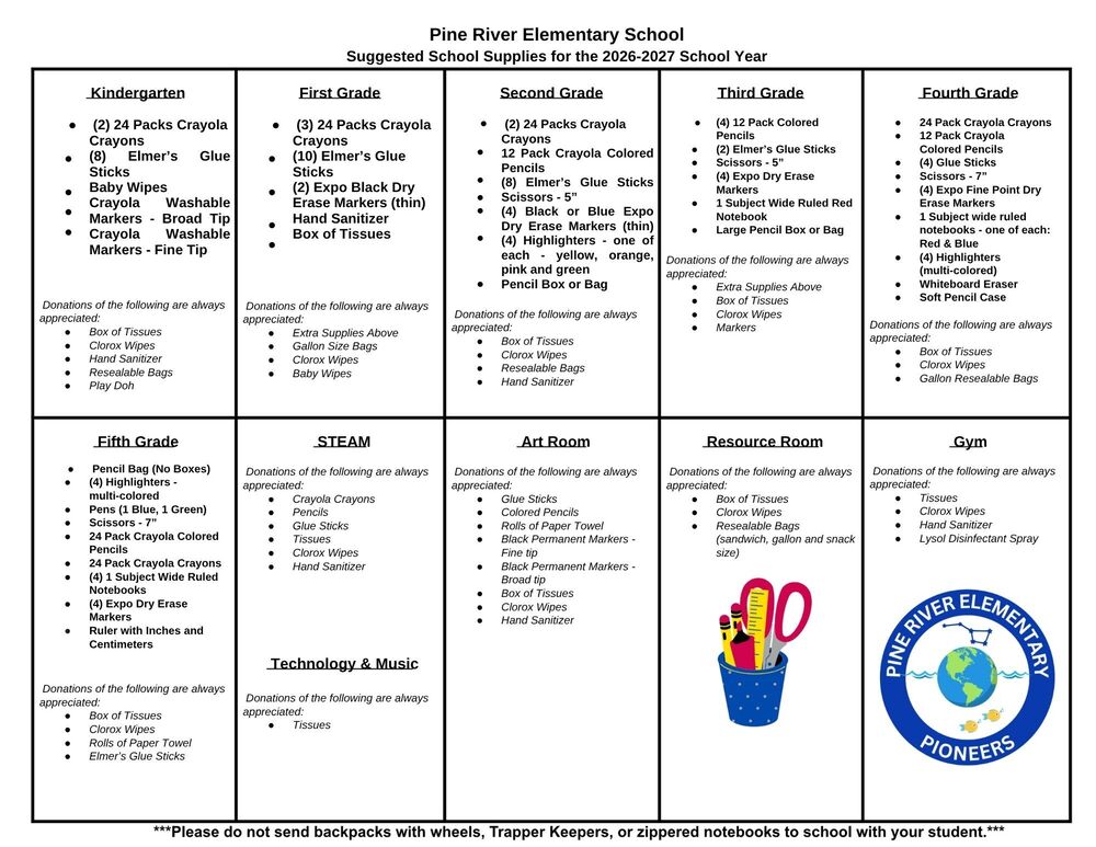 2026-2027 School Supplies List