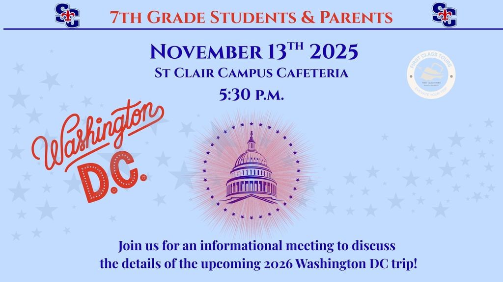 11/13/25 at 5:30 pm in the Saint Clair Campus Cafeteria. Join us for an informational meeting to discuss the details of the upcoming 2026 trip.