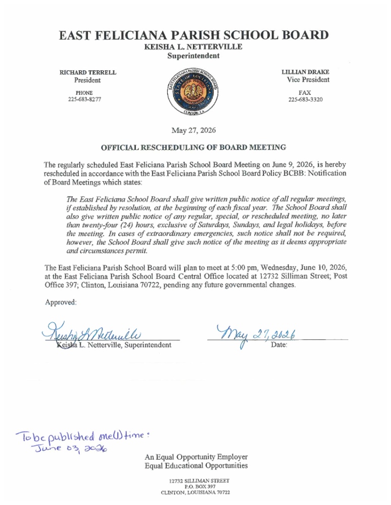 Rescheduled Board Meeting