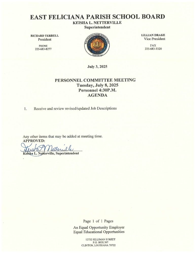 July 8, 2025 Personnel Committee Meeting Agenda