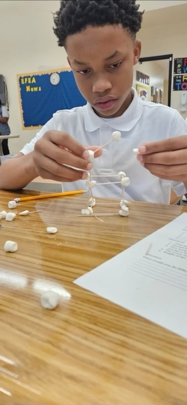 A student builds a marshmallow tower.