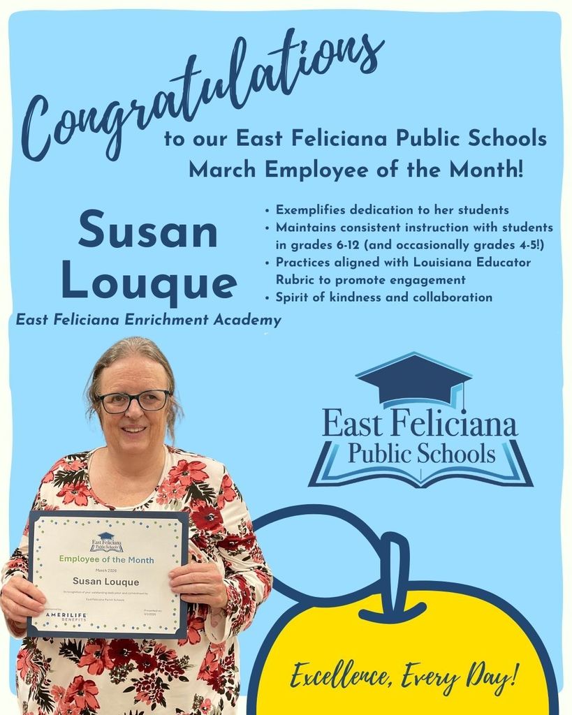 Susan Louque on a blue backdrop with a cartoon apple and words from the text of the post.