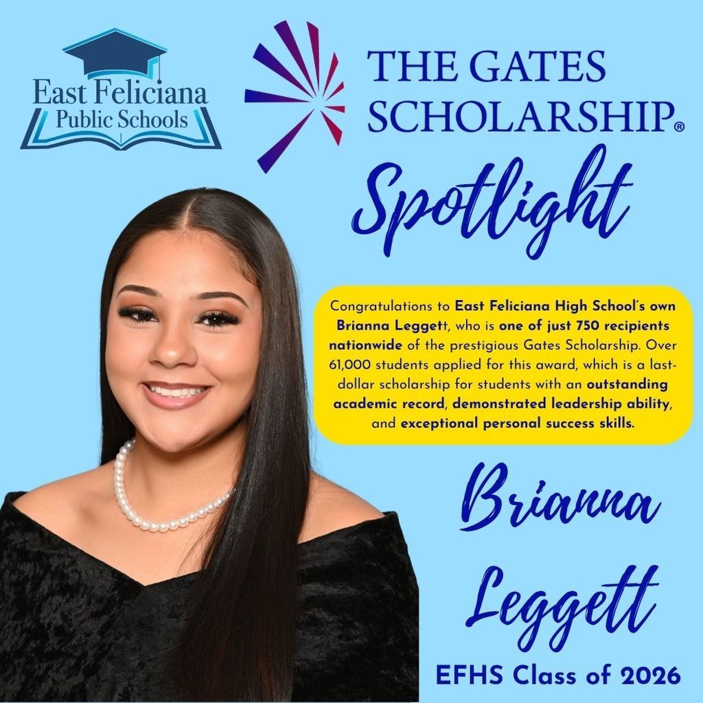 Text from the post along with the EF Schools logo, the Gates Scholarship logo, and a senior portrait of Brianna Leggett in black and pearls.