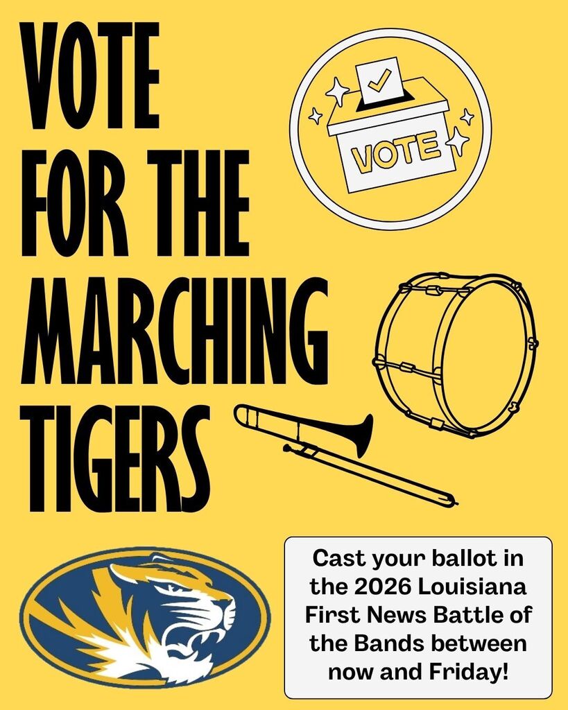 Vote for the Marching Tigers ad copy with a vote sticker, the Tigers logo, a drum, and a trombone