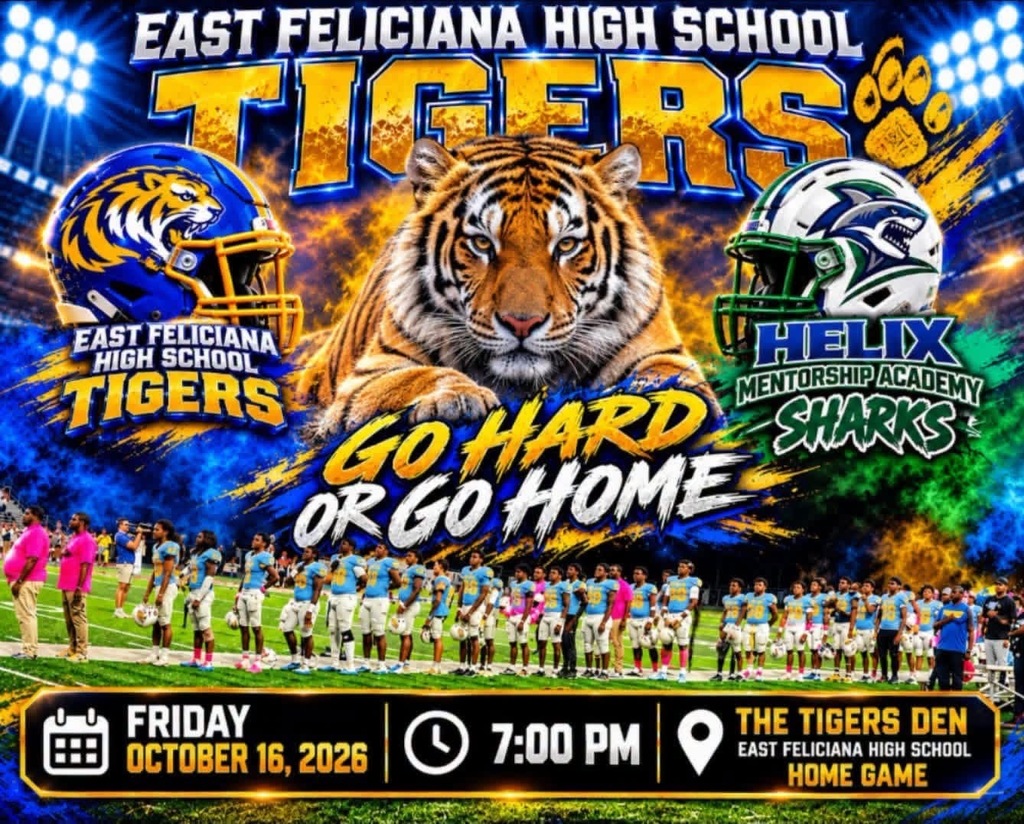 A visual showing the upcoming EFHS and Helix Mentorship Sharks football game at the Tigers Den